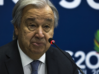 UN Secretary-General Antonio Guterres speaks during a press conference at the press center where the G20 leaders' summit takes place at the...