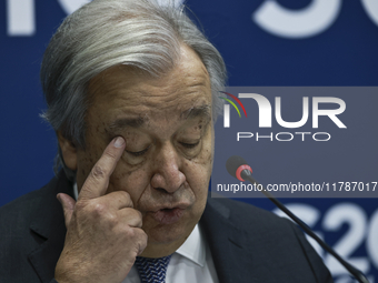 UN Secretary-General Antonio Guterres speaks during a press conference at the press center where the G20 leaders' summit takes place at the...