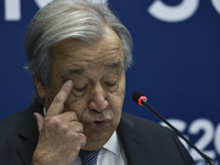 UN Secretary-General Antonio Guterres speaks during a press conference at the press center where the G20 leaders' summit takes place at the...