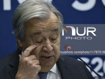 UN Secretary-General Antonio Guterres speaks during a press conference at the press center where the G20 leaders' summit takes place at the...