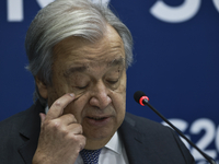 UN Secretary-General Antonio Guterres speaks during a press conference at the press center where the G20 leaders' summit takes place at the...