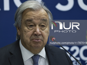 UN Secretary-General Antonio Guterres speaks during a press conference at the press center where the G20 leaders' summit takes place at the...