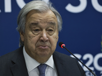 UN Secretary-General Antonio Guterres speaks during a press conference at the press center where the G20 leaders' summit takes place at the...