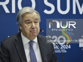 UN Secretary-General Antonio Guterres speaks during a press conference at the press center where the G20 leaders' summit takes place at the...