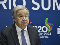 UN Secretary-General Antonio Guterres speaks during a press conference at the press center where the G20 leaders' summit takes place at the...