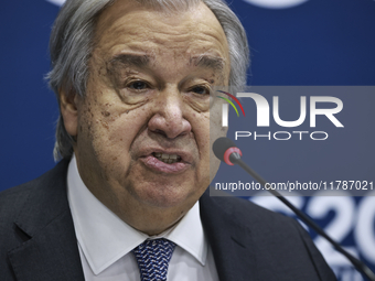 UN Secretary-General Antonio Guterres speaks during a press conference at the press center where the G20 leaders' summit takes place at the...