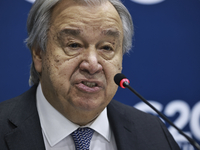 UN Secretary-General Antonio Guterres speaks during a press conference at the press center where the G20 leaders' summit takes place at the...