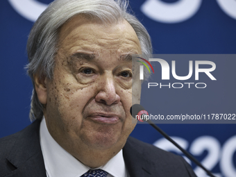 UN Secretary-General Antonio Guterres speaks during a press conference at the press center where the G20 leaders' summit takes place at the...