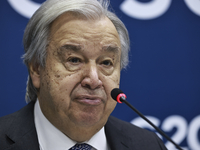 UN Secretary-General Antonio Guterres speaks during a press conference at the press center where the G20 leaders' summit takes place at the...