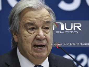 UN Secretary-General Antonio Guterres speaks during a press conference at the press center where the G20 leaders' summit takes place at the...