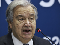 UN Secretary-General Antonio Guterres speaks during a press conference at the press center where the G20 leaders' summit takes place at the...