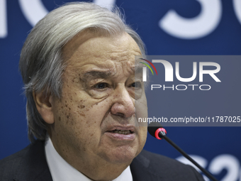 UN Secretary-General Antonio Guterres speaks during a press conference at the press center where the G20 leaders' summit takes place at the...