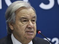 UN Secretary-General Antonio Guterres speaks during a press conference at the press center where the G20 leaders' summit takes place at the...