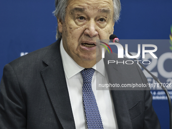 UN Secretary-General Antonio Guterres speaks during a press conference at the press center where the G20 leaders' summit takes place at the...