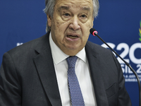 UN Secretary-General Antonio Guterres speaks during a press conference at the press center where the G20 leaders' summit takes place at the...