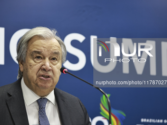 UN Secretary-General Antonio Guterres speaks during a press conference at the press center where the G20 leaders' summit takes place at the...