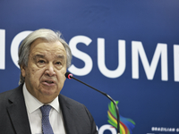 UN Secretary-General Antonio Guterres speaks during a press conference at the press center where the G20 leaders' summit takes place at the...