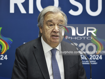 UN Secretary-General Antonio Guterres speaks during a press conference at the press center where the G20 leaders' summit takes place at the...