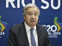 UN Secretary-General Antonio Guterres speaks during a press conference at the press center where the G20 leaders' summit takes place at the...