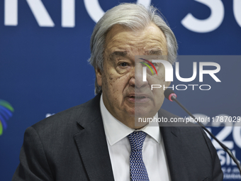 UN Secretary-General Antonio Guterres speaks during a press conference at the press center where the G20 leaders' summit takes place at the...