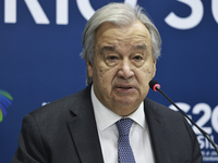 UN Secretary-General Antonio Guterres speaks during a press conference at the press center where the G20 leaders' summit takes place at the...