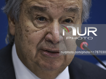 UN Secretary-General Antonio Guterres speaks during a press conference at the press center where the G20 leaders' summit takes place at the...