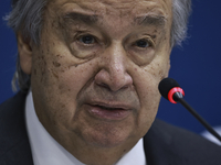 UN Secretary-General Antonio Guterres speaks during a press conference at the press center where the G20 leaders' summit takes place at the...