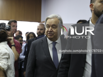 UN Secretary-General Antonio Guterres speaks during a press conference at the press center where the G20 leaders' summit takes place at the...