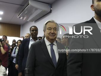 UN Secretary-General Antonio Guterres speaks during a press conference at the press center where the G20 leaders' summit takes place at the...