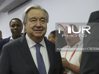 UN Secretary-General Antonio Guterres speaks during a press conference at the press center where the G20 leaders' summit takes place at the...