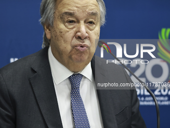 UN Secretary-General Antonio Guterres speaks during a press conference at the press center where the G20 leaders' summit takes place at the...