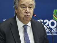 UN Secretary-General Antonio Guterres speaks during a press conference at the press center where the G20 leaders' summit takes place at the...