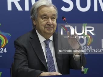 UN Secretary-General Antonio Guterres speaks during a press conference at the press center where the G20 leaders' summit takes place at the...