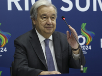 UN Secretary-General Antonio Guterres speaks during a press conference at the press center where the G20 leaders' summit takes place at the...