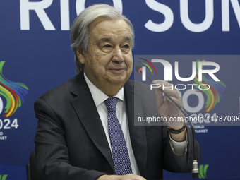 UN Secretary-General Antonio Guterres speaks during a press conference at the press center where the G20 leaders' summit takes place at the...