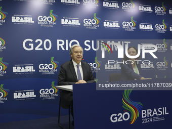 UN Secretary-General Antonio Guterres speaks during a press conference at the press center where the G20 leaders' summit takes place at the...