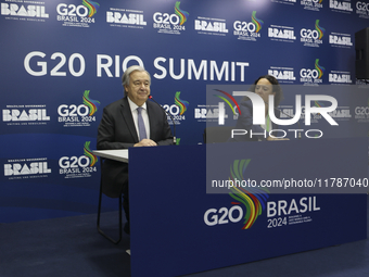 UN Secretary-General Antonio Guterres speaks during a press conference at the press center where the G20 leaders' summit takes place at the...