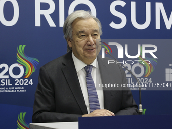 UN Secretary-General Antonio Guterres speaks during a press conference at the press center where the G20 leaders' summit takes place at the...