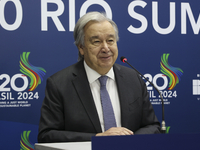 UN Secretary-General Antonio Guterres speaks during a press conference at the press center where the G20 leaders' summit takes place at the...