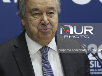 UN Secretary-General Antonio Guterres speaks during a press conference at the press center where the G20 leaders' summit takes place at the...