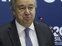 UN Secretary-General Antonio Guterres speaks during a press conference at the press center where the G20 leaders' summit takes place at the...