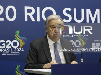 UN Secretary-General Antonio Guterres speaks during a press conference at the press center where the G20 leaders' summit takes place at the...