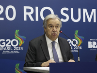 UN Secretary-General Antonio Guterres speaks during a press conference at the press center where the G20 leaders' summit takes place at the...