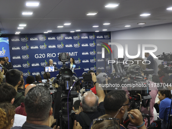 UN Secretary-General Antonio Guterres speaks during a press conference at the press center where the G20 leaders' summit takes place at the...