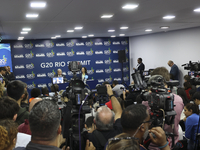 UN Secretary-General Antonio Guterres speaks during a press conference at the press center where the G20 leaders' summit takes place at the...