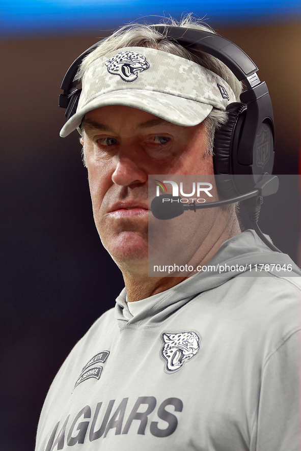 DETROIT,MICHIGAN-NOVEMBER 7:  Jacksonville Jaguars head coach Doug Pederson looks on from the sidelines during a game between the Detroit Li...