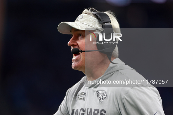 DETROIT,MICHIGAN-NOVEMBER 7:  Jacksonville Jaguars head coach Doug Pederson talks with an official after a call during a game between the De...