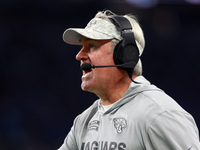 DETROIT,MICHIGAN-NOVEMBER 7:  Jacksonville Jaguars head coach Doug Pederson talks with an official after a call during a game between the De...