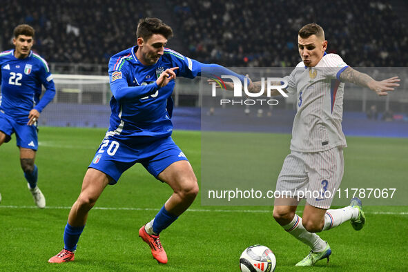 Andrea Cambiaso (ITA) and Lucas Digne (FRA) are in action during the UEFA Nations League Matchday 6 match between Italy and France at the Sa...