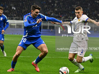 Andrea Cambiaso (ITA) and Lucas Digne (FRA) are in action during the UEFA Nations League Matchday 6 match between Italy and France at the Sa...